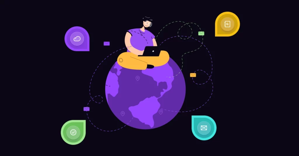 Illustration of a person sitting on top of a purple globe with a laptop, surrounded by colorful icons for cloud, email, chat, Phone Validation API, and files-symbolizing global digital communication and connectivity. VoiceDrop Ringless Voicemails