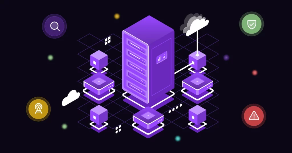 A purple server at the center connects to multiple smaller cubes, representing networked computers and a Phone Validation API, with security, alert, cloud, and search icons surrounding them on a dark background. VoiceDrop Ringless Voicemails