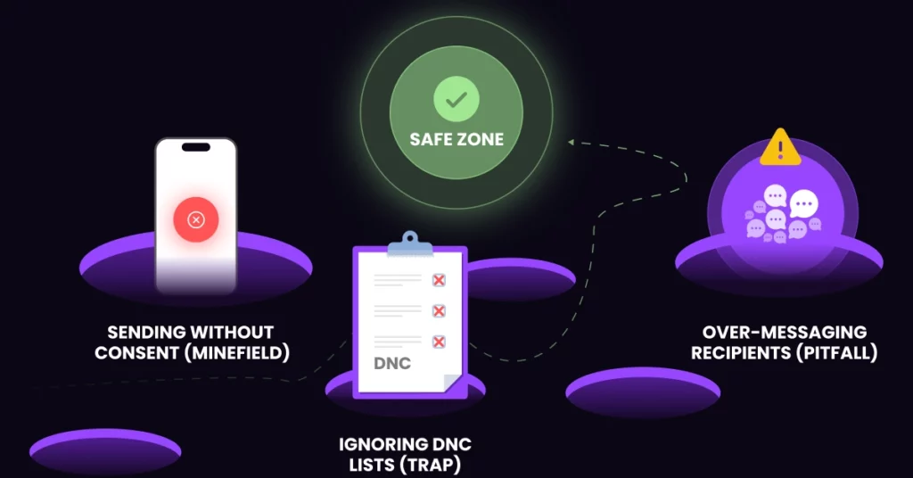 Illustration showing a “Safe Zone” with a green checkmark for TCPA compliance, and three risks: sending without consent (minefield), ignoring DNC lists (trap), and over-messaging with Ringless Voicemail (pitfall), each shown with warning icons. VoiceDrop Ringless Voicemails