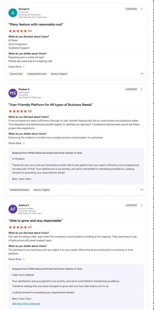 A screenshot of three voiso reviews on a review platform. Each review features the reviewer’s name, date, star rating, written feedback, company response, and a “Source: Organic” label. VoiceDrop Ringless Voicemails