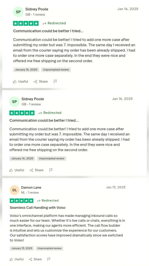 A screenshot of three Voiso reviews: Sidney Poole posts twice, criticizing order communication, while Damon Lane praises Voiso’s call management tools for boosting efficiency and customer satisfaction. VoiceDrop Ringless Voicemails