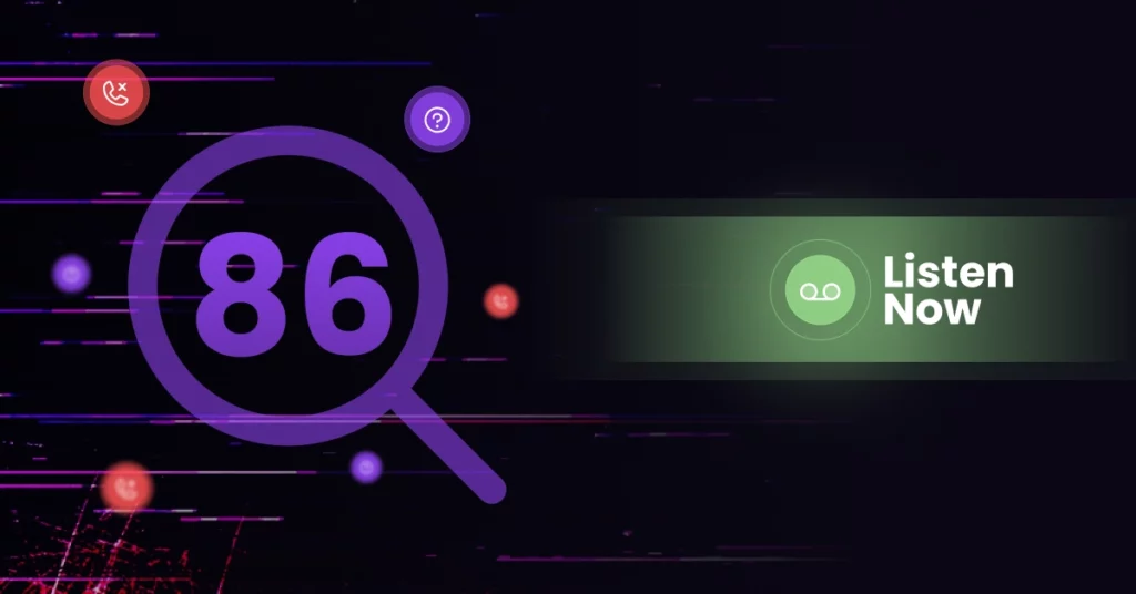 A large purple magnifying glass with 86 on voicemail inside appears on a dark background with glitch effects. To the right, a green button displays a voicemail icon and the words “Listen Now.”. VoiceDrop Ringless Voicemails