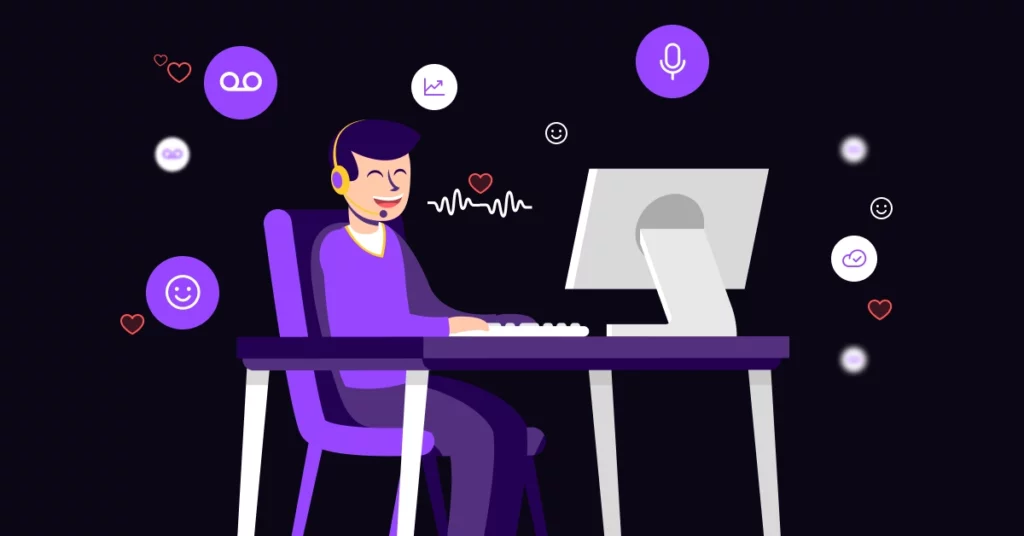 Illustration of a person wearing a headset, smiling while typing on a computer. Surrounding icons like microphones and chat bubbles hint at AI sales strategies and cold calling alternatives in modern customer support. VoiceDrop Ringless Voicemails