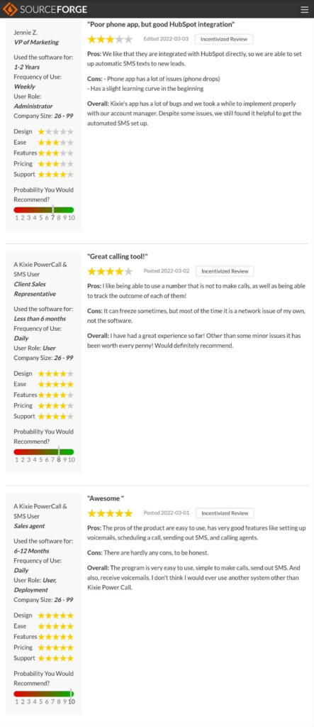Screenshot of user reviews for Kixie PowerCall & SMS on SourceForge. It features star ratings, pros, cons, and summaries. The overall Kixie review is positive, though some mention issues with SMS and call functions. Is Kixie worth it? See what users say. VoiceDrop Ringless Voicemails