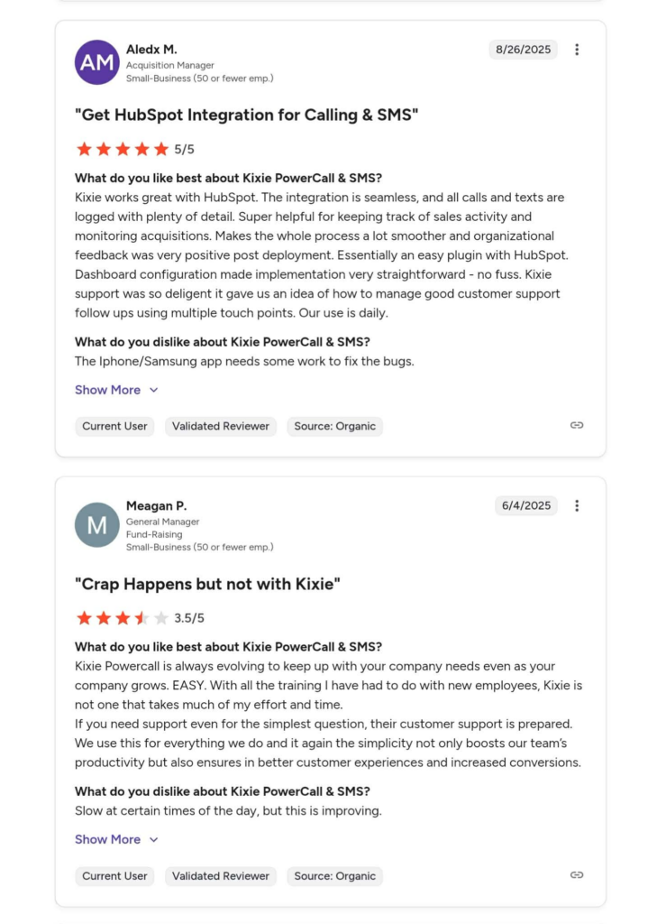 A screenshot displays two Google reviews for Kixie PowerCall & SMS. One positive Kixie review is rated 5 stars; the other is mixed at 3.5 stars. User names, dates, and feedback help readers decide if Kixie is worth it for their needs. VoiceDrop Ringless Voicemails