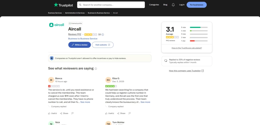AirCall Trustpilot Review