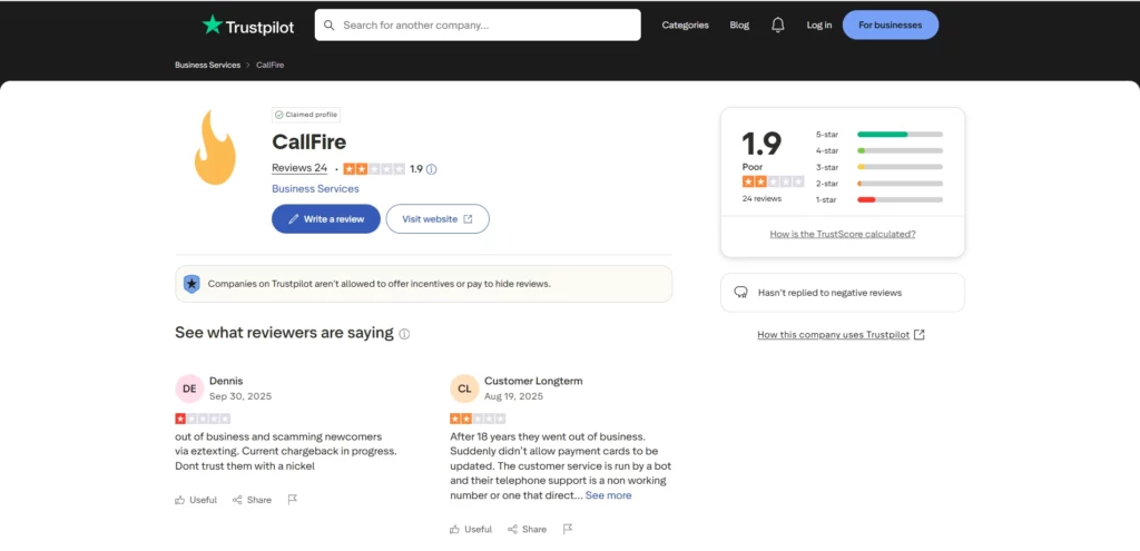 CallFire Trust Pilot Review