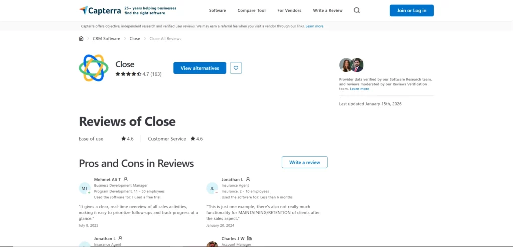 Close CRM Capterra Review