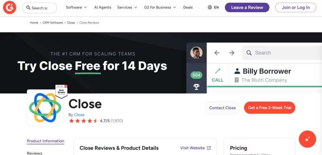 Close CRM G2 Review