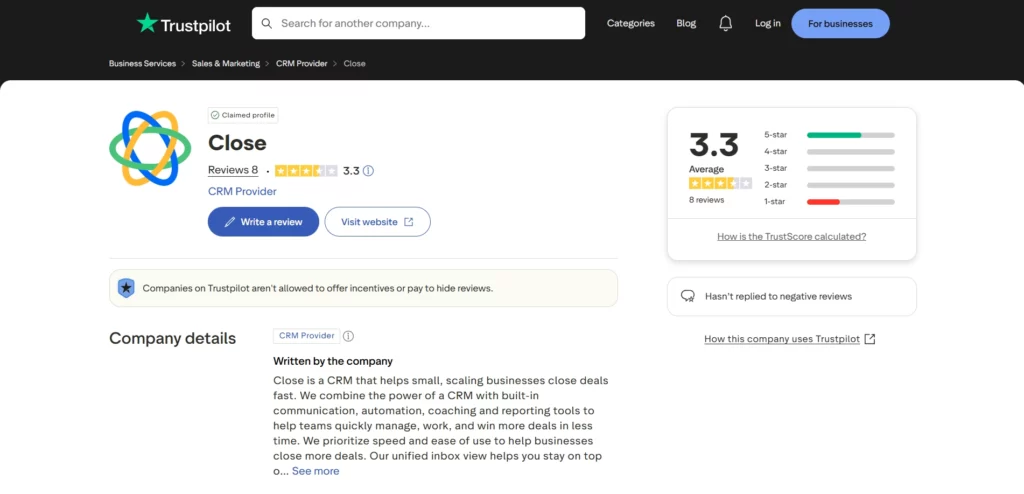 Close CRM Trudtpilot Review
