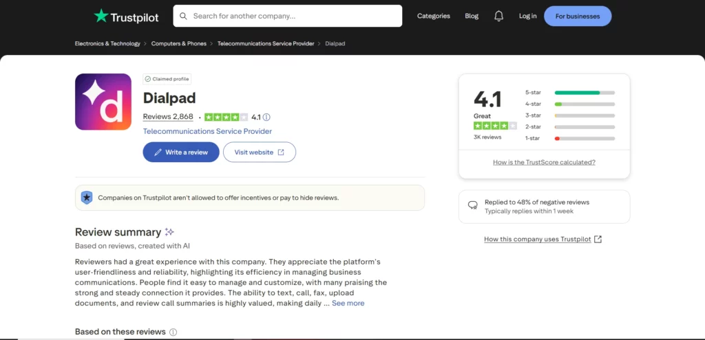 Dialpad Trustpilot Review