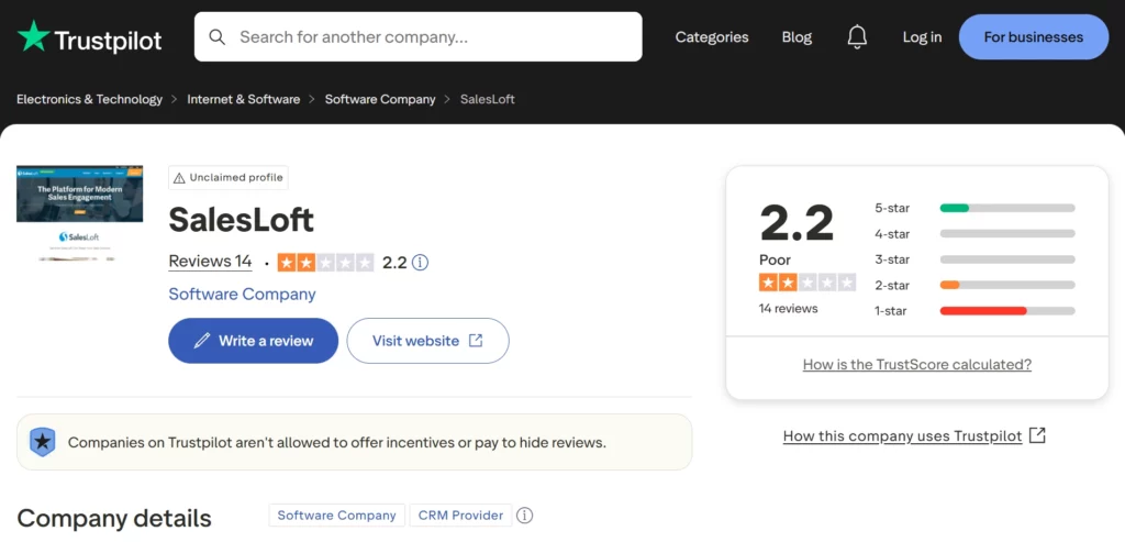 Salesloft Trustpilot Review