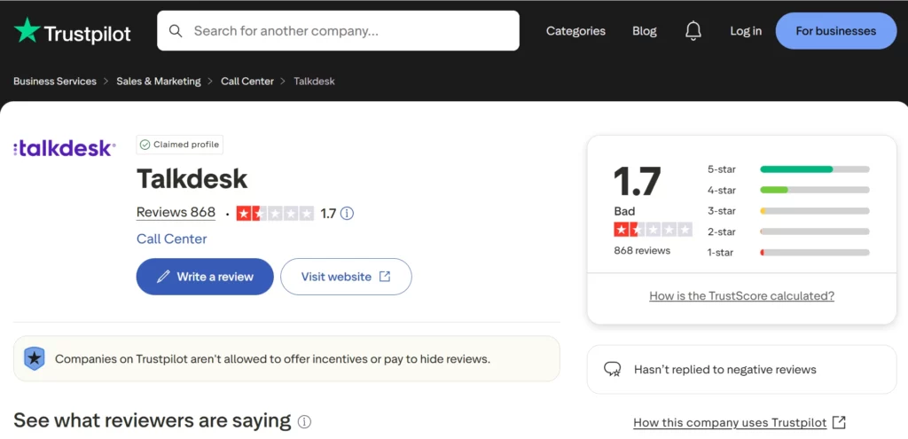 TalkDesk Trustpilot Review