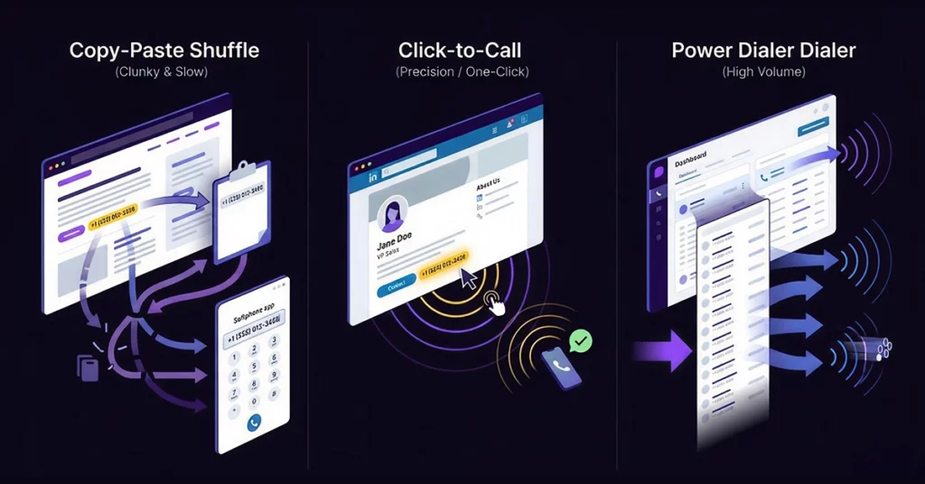Click to call browser extension for Chrome Click to Call vs. Copy Paste vs. Power Dialers