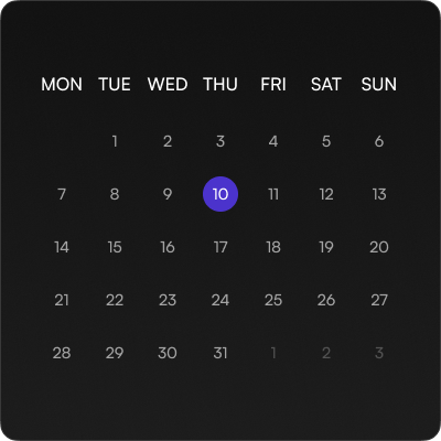 A sleek dark-themed calendar highlighting Thursday, October 10th, with a feature for ringless voicemail reminders.
