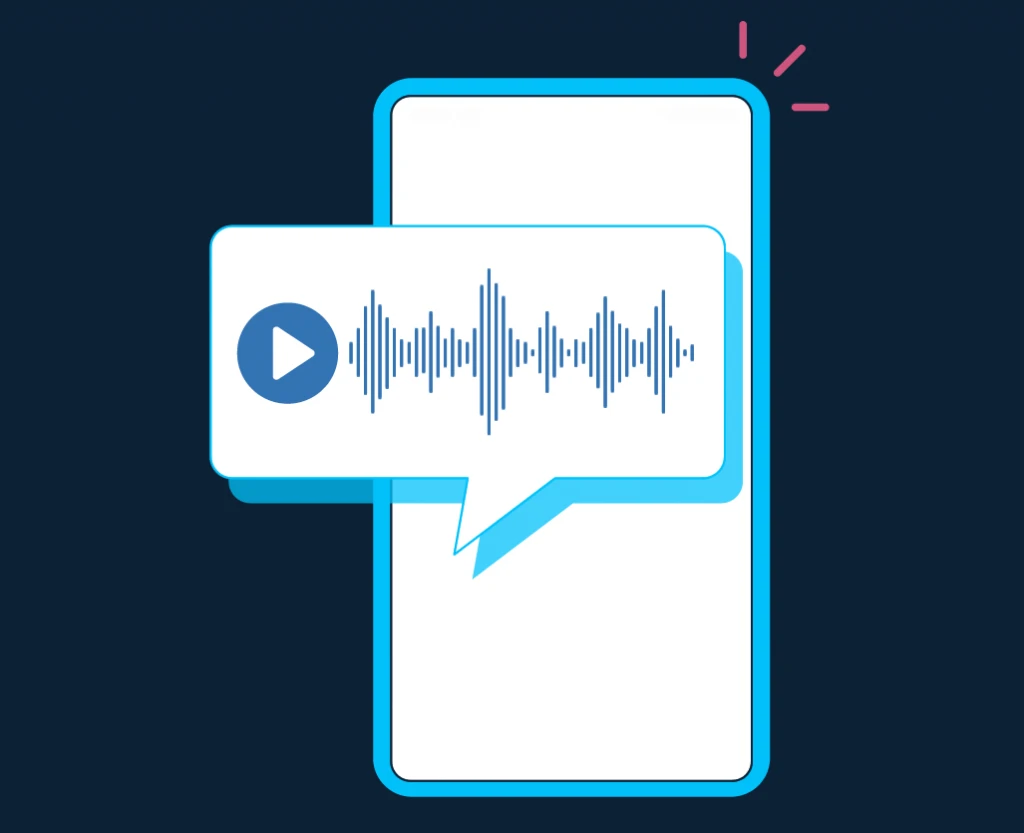 Illustration of a smartphone displaying a direct-to-voicemail marketing message in a chat bubble with a play button and sound wave, set against a dark blue background.