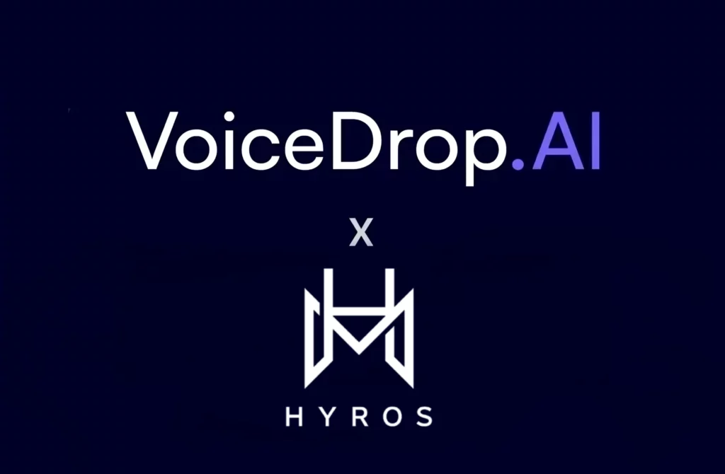 A dark blue background showcases the text VoiceDrop.AI in white and purple, followed by an X symbol. Beneath it lies a geometric logo resembling HM, alongside the word HYROS in white, highlighting integration with ringless voicemail technology. VoiceDrop Ringless Voicemails