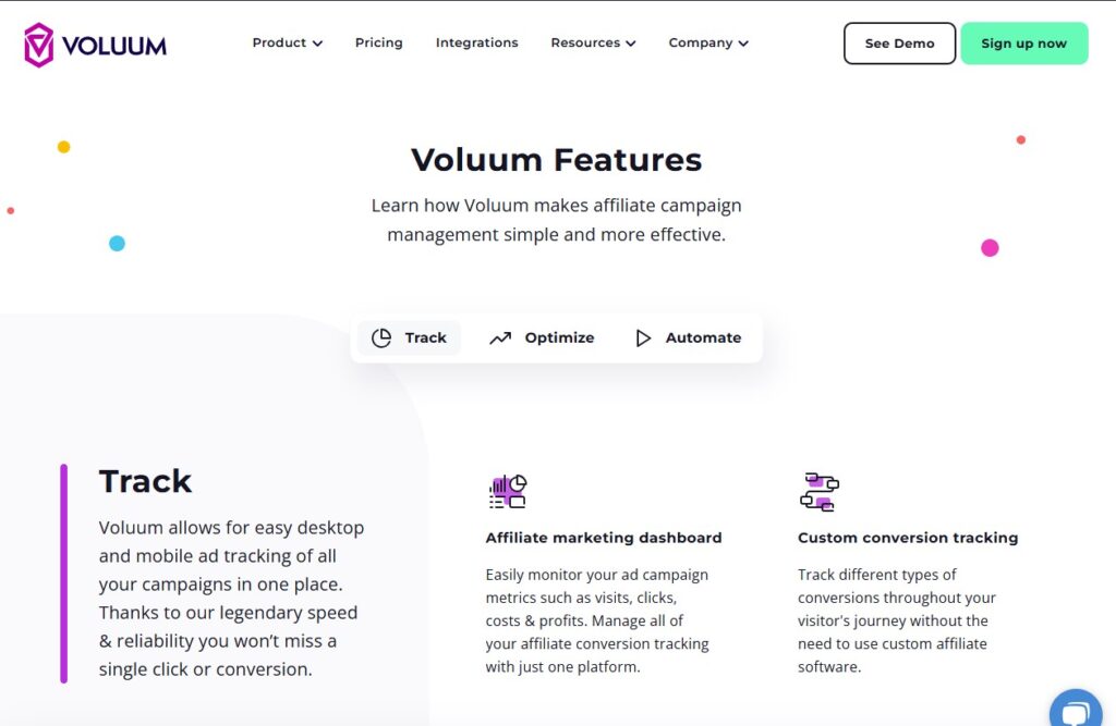 Screenshot of Voluums website featuring marketing campaign tools, now with SegMetrics integration. Includes sections for tracking, an affiliate marketing dashboard, and custom conversion tracking, highlighting key features and reliability for managing affiliate campaigns efficiently. VoiceDrop Ringless Voicemails