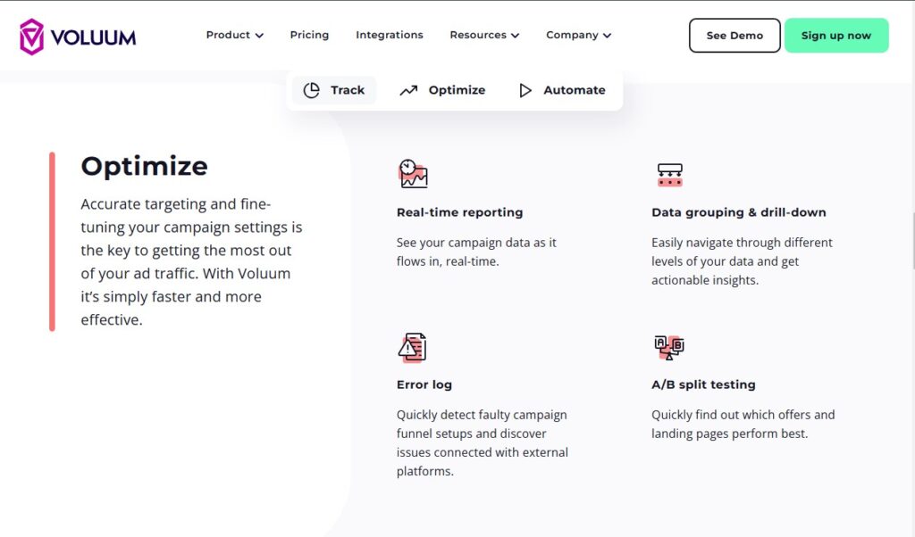 A Voluum webpage screenshot showcases features like Optimize, Real-time reporting, and A/B split testing. The top menu offers options for Product and Pricing, alongside convenient Sign up and See Demo buttons. VoiceDrop Ringless Voicemails