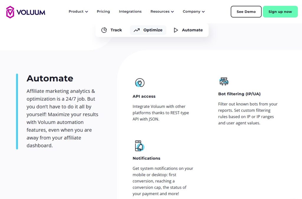 A screenshot of the Voluum websites Automate section showcases features like API access, bot filtering, and notifications, highlighting Voluums focus on tracking, optimizing, and automating affiliate marketing analytics. VoiceDrop Ringless Voicemails