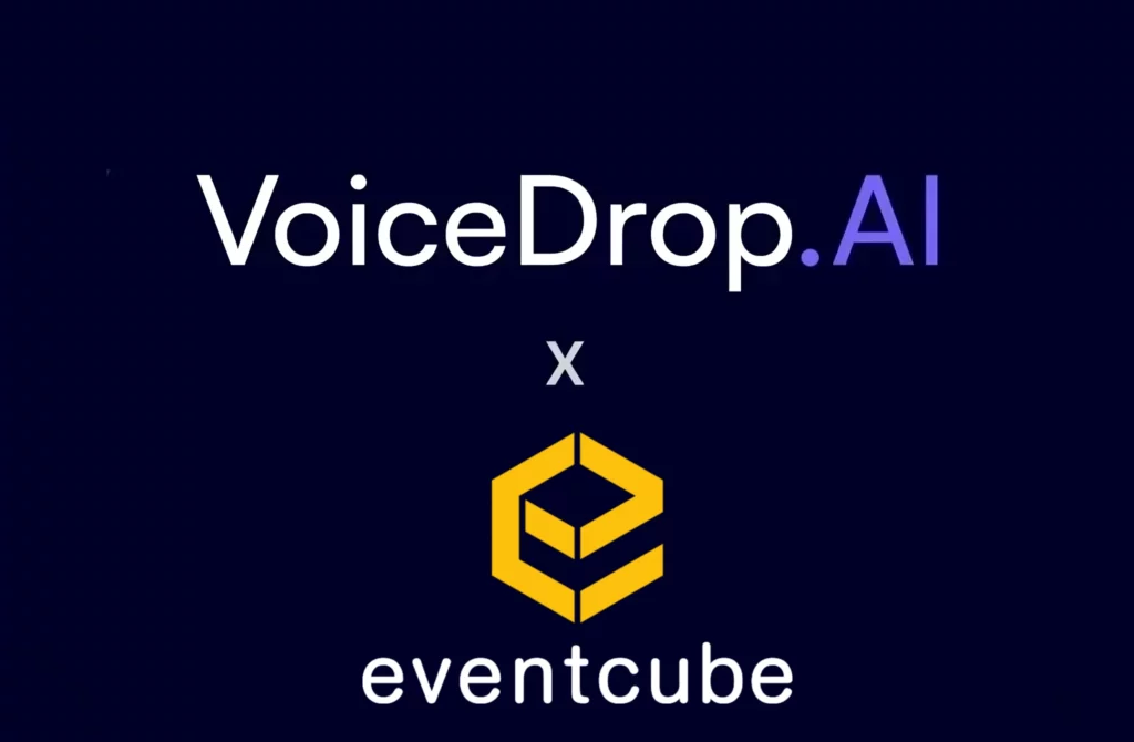 Dark blue background featuring the text VoiceDrop.AI in white and purple, adorned with an x symbol. Just below, the iconic yellow geometric logo accompanies the word eventcube, brilliantly showcasing the synergistic collaboration between VoiceDrop.AI and Eventcube. VoiceDrop Ringless Voicemails