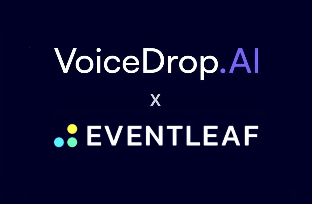 The logo showcases VoiceDrop.AI and Eventleaf against a dark blue backdrop, with VoiceDrop.AI in prominent white and purple text. A small x subtly connects it to Eventleaf, which is displayed in white lettering adorned with vibrant colored dots. VoiceDrop Ringless Voicemails