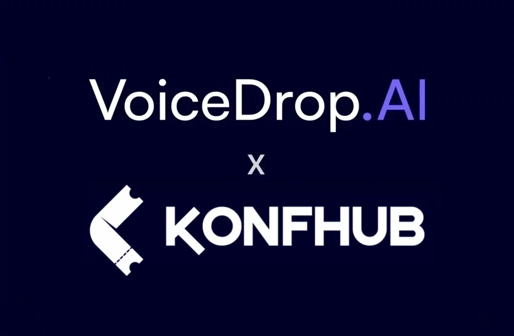 Logo showcasing VoiceDrop.AI in white and purple text above a white x, with KONFHUB below in bold white letters. The background is dark blue, symbolizing a seamless KonfHub Integration experience. VoiceDrop Ringless Voicemails
