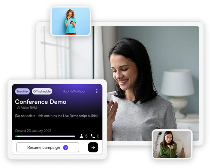 In a vibrant scene, three women using mobile phones are highlighted: the main image captures a woman in a gray shirt smiling at her screen. Insets show a woman in red and another in green, both focused on phone validation tasks. A conference demo interface is visible in the background. VoiceDrop Ringless Voicemails