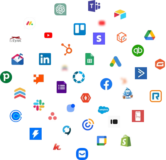 A colorful assortment of various application icons, including social media, productivity, and business tools like CRM platforms, are scattered on a transparent background. Notable icons include YouTube, LinkedIn, Facebook, and Salesforce. VoiceDrop Ringless Voicemails