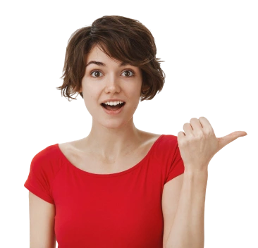 A woman with short brown hair and a red shirt looks surprised or excited, pointing her thumb to the right. Her mouth is open, eyes wide with enthusiasm as if shes just discovered VoiceDrops amazing ringless voicemail feature. White background. VoiceDrop Ringless Voicemails