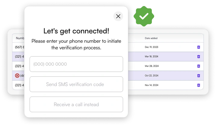 A user interface for phone validation features a dialog box prompting the user to enter their number. Options include Send SMS verification code or Receive a call instead. A blurred background displays dates and numbers, seamlessly integrating with VoiceDrop technology. VoiceDrop Ringless Voicemails