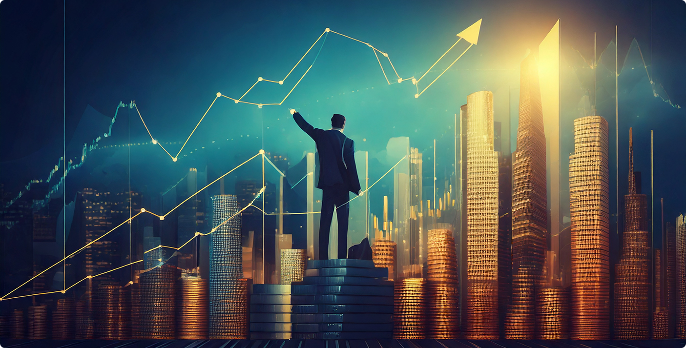 A person in a suit stands on stacked coins, raising their hand against a glowing city skyline backdrop. Golden graphs with upward trends symbolize growth and success for financial institutions. The scene is set at night, bathed in a blue and gold hue. VoiceDrop Ringless Voicemails