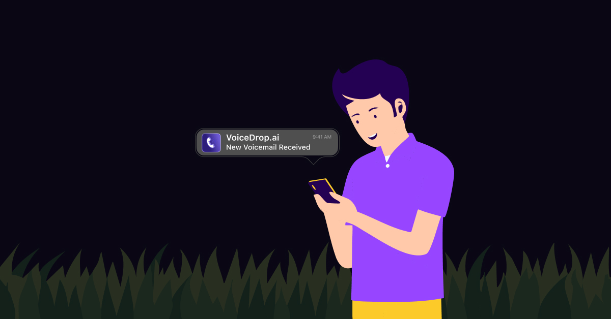 Illustration of a person with purple hair and a purple shirt gazing at a smartphone, standing against a dark landscape with grass silhouettes. A notification bubble reads VoiceDrop.ai New Voicemail Received alongside a timestamp, highlighting the edge of innovation in VoiceDrop vs VoApps. VoiceDrop Ringless Voicemails
